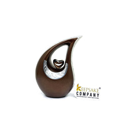 Brown teardrop mini Cremation Urn with Silver Heart - Small Urn For Ashes - Miniature Keepsake Urn - Funeral Urn - Memorial Urn