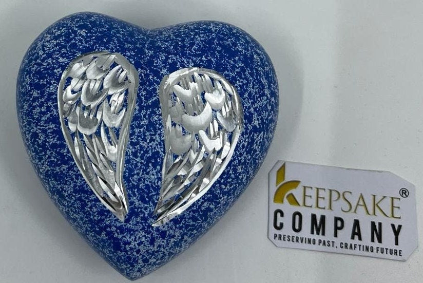 Keepsake Company's Heart Shaped Blue mini Urns engraved with angel's wings for Human Ashes - Perfect for Adults & Infants