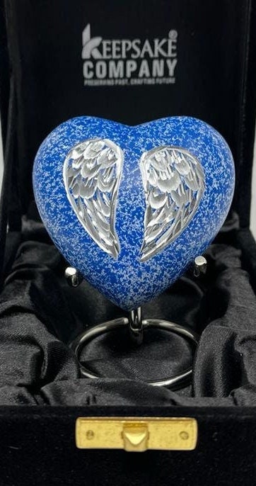 Keepsake Company's Heart Shaped Blue mini Urns engraved with angel's wings for Human Ashes - Perfect for Adults & Infants