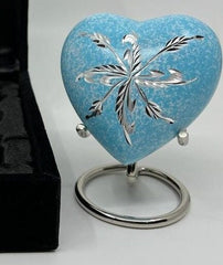 Keepsake Company's Heart Shaped Urns engraved in blue floral design for Human Ashes - Perfect for Adults & Infants