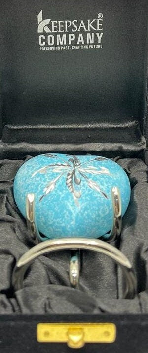 Keepsake Company's Heart Shaped Urns engraved in blue floral design for Human Ashes - Perfect for Adults & Infants