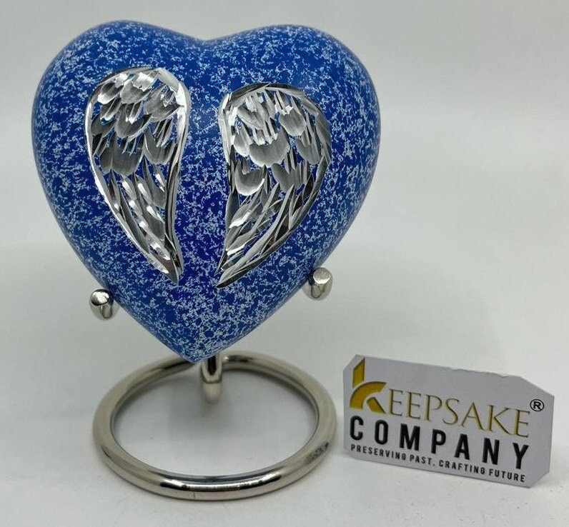 Keepsake Company's Heart Shaped Blue mini Urns engraved with angel's wings for Human Ashes - Perfect for Adults & Infants