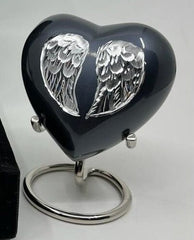 Keepsake Company's Heart Shaped mini Urns with Stand and Bag engraved with angel's wings for Human Ashes - Perfect for Adults & Infants