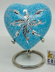 Keepsake Company's Heart Shaped Urns engraved in blue floral design for Human Ashes - Perfect for Adults & Infants