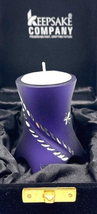 Keepsake Company's Tealight Cremation Urn in gracious Aubergine   color and sparkling engraving design