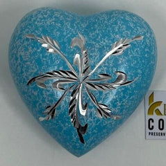 Keepsake Company's Heart Shaped Urns engraved in blue floral design for Human Ashes - Perfect for Adults & Infants