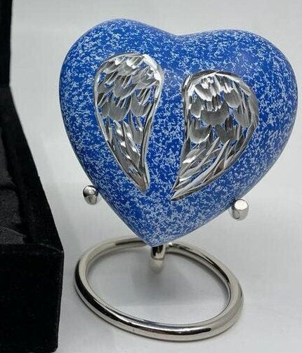 Keepsake Company's Heart Shaped Blue mini Urns engraved with angel's wings for Human Ashes - Perfect for Adults & Infants