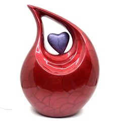 Red Pearl Enamel Adult teardrop Cremation Urn with purple heart For Human Ashes