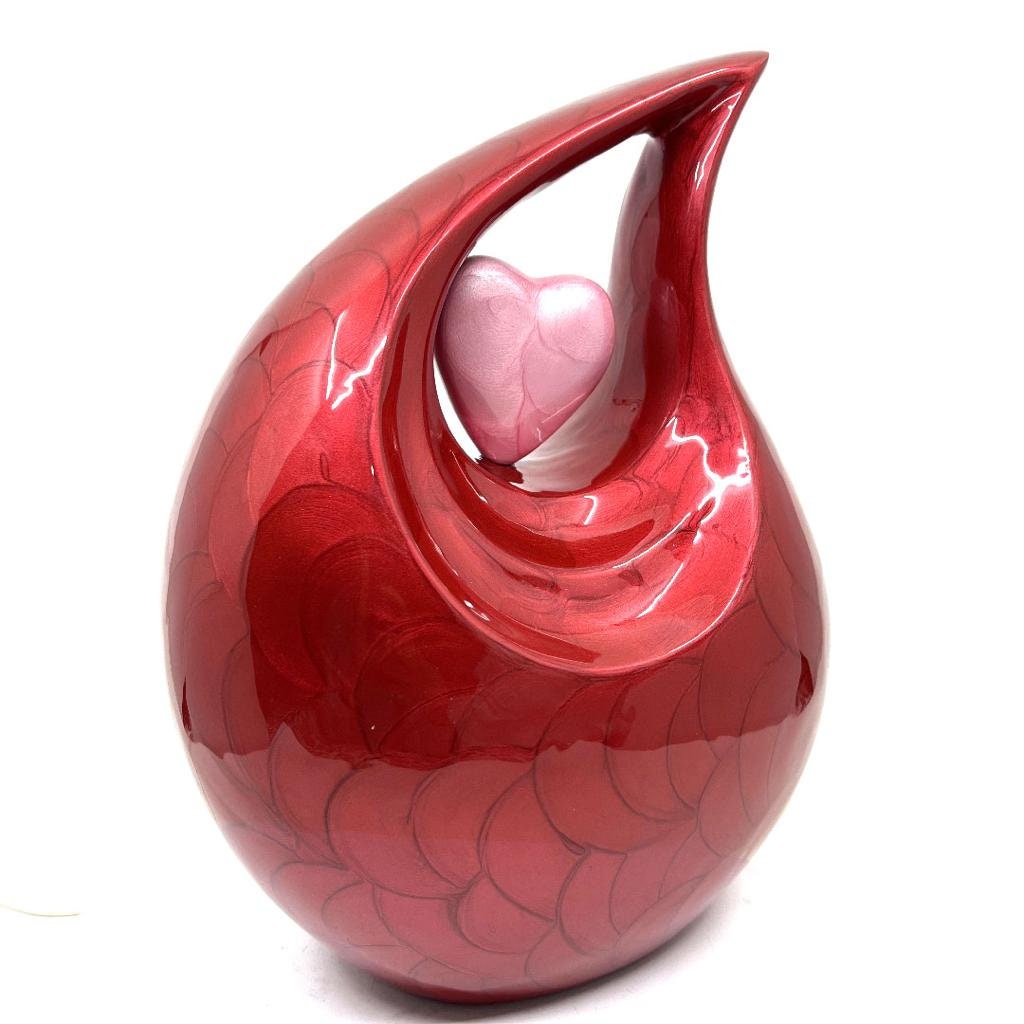 RED Pearl Enamel Adult teardrop Cremation Urn with pink heart For Human Ashes