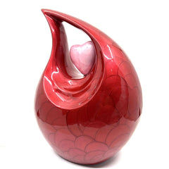 RED Pearl Enamel Adult teardrop Cremation Urn with pink heart For Human Ashes