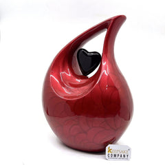 Red Pearl Enamel Adult teardrop Cremation Urn with black heart For Human Ashes from Keepsake Company