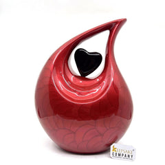 Red Pearl Enamel Adult teardrop Cremation Urn with black heart For Human Ashes from Keepsake Company