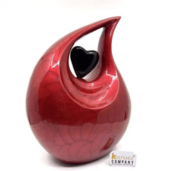 Red Pearl Enamel Adult teardrop Cremation Urn with black heart For Human Ashes from Keepsake Company