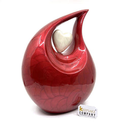 Red Pearl Enamel Adult teardrop Cremation Urn with White heart, Urns for Ashes , Urns for Human Ashes, Ashes Keepsake, Decorative Urns