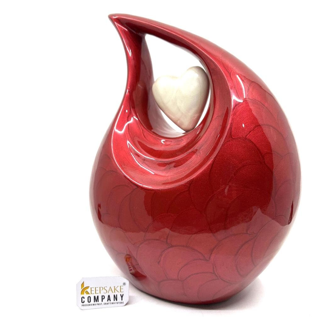 Red Pearl Enamel Adult teardrop Cremation Urn with White heart, Urns for Ashes , Urns for Human Ashes, Ashes Keepsake, Decorative Urns