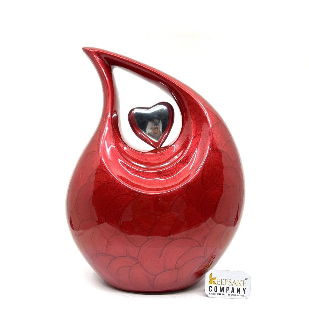 Red Pearl Enamel Adult teardrop Cremation Urn with Silver shining heart For Human Ashes