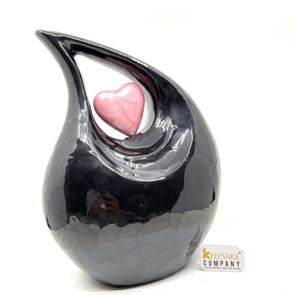 Keepsake Company's Jade  Black Pearl Enamel Teardrop Adult Cremation Urn with Pink Heart Insert For Human Ashes perfect for Adults.