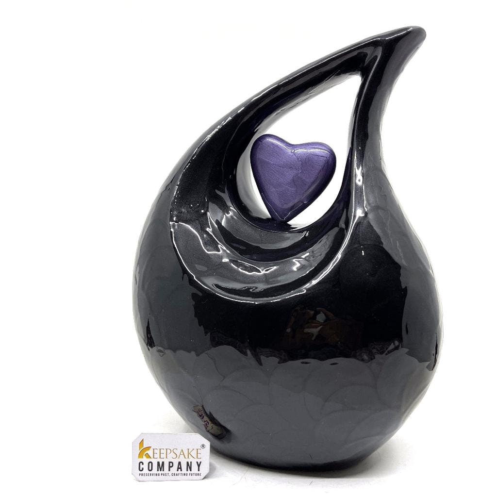 Jade Black Teardrop Adult Cremation Urn with Purple/Lavender Heart  For Human Ashes = Can be Angraved in Any Colour from Keepsake Company