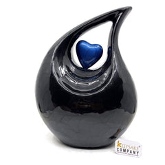 Black Teardrop Adult Cremation Urn with Blue Heart  - Ash  Urn - Memorial Urns - Funeral Urn - Personalized Urn - Keepsake Urn - Urn for Ash