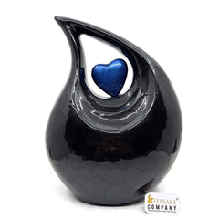 Black Teardrop Adult Cremation Urn with Blue Heart  - Ash  Urn - Memorial Urns - Funeral Urn - Personalized Urn - Keepsake Urn - Urn for Ash