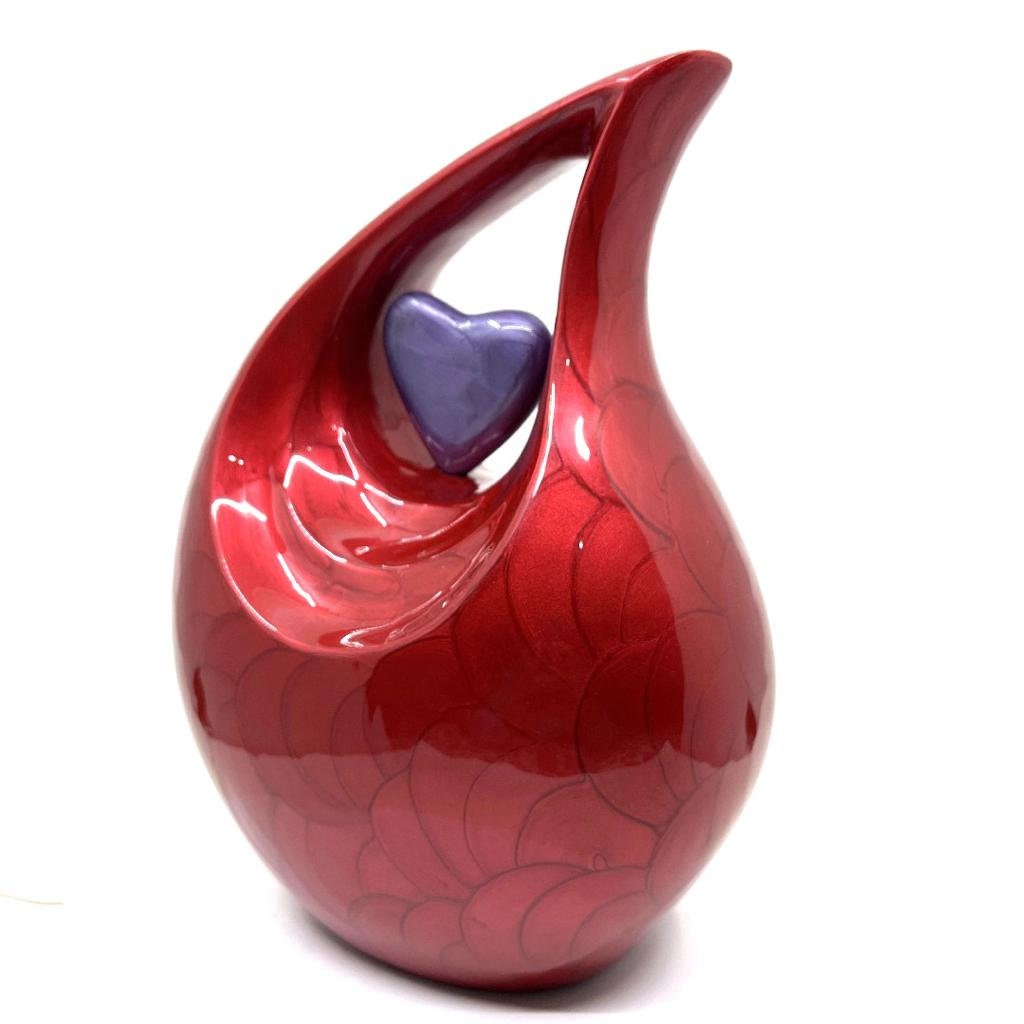 Red Pearl Enamel Adult teardrop Cremation Urn with purple heart For Human Ashes