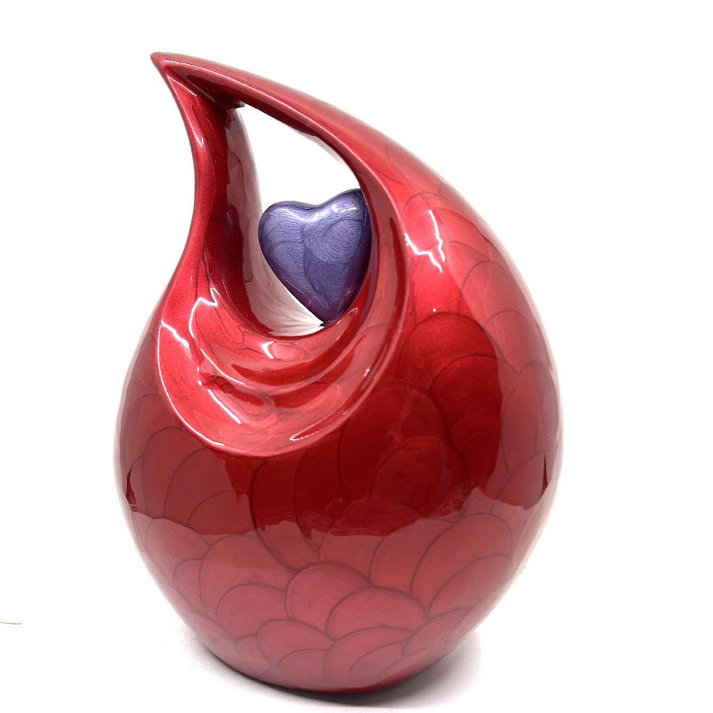 Red Pearl Enamel Adult teardrop Cremation Urn with purple heart For Human Ashes