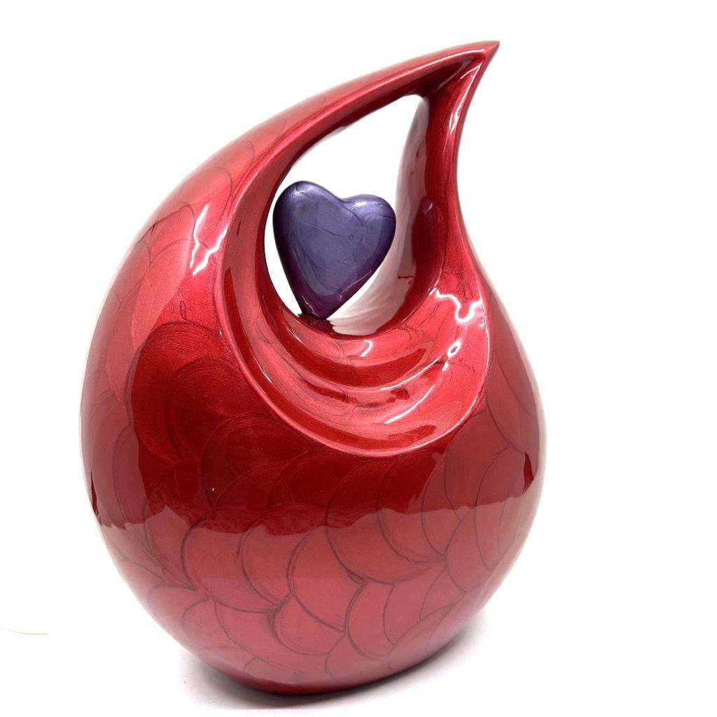 Red Pearl Enamel Adult teardrop Cremation Urn with purple heart For Human Ashes