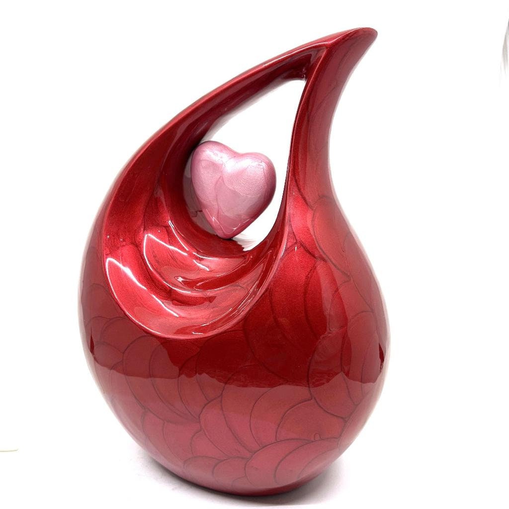 RED Pearl Enamel Adult teardrop Cremation Urn with pink heart For Human Ashes