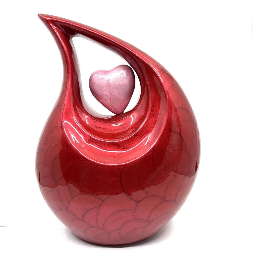 RED Pearl Enamel Adult teardrop Cremation Urn with pink heart For Human Ashes