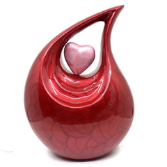 RED Pearl Enamel Adult teardrop Cremation Urn with pink heart For Human Ashes