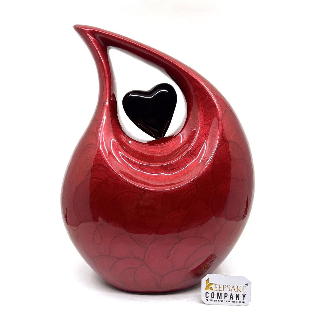 Red Pearl Enamel Adult teardrop Cremation Urn with black heart For Human Ashes from Keepsake Company