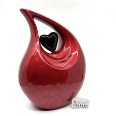 Red Pearl Enamel Adult teardrop Cremation Urn with black heart For Human Ashes from Keepsake Company