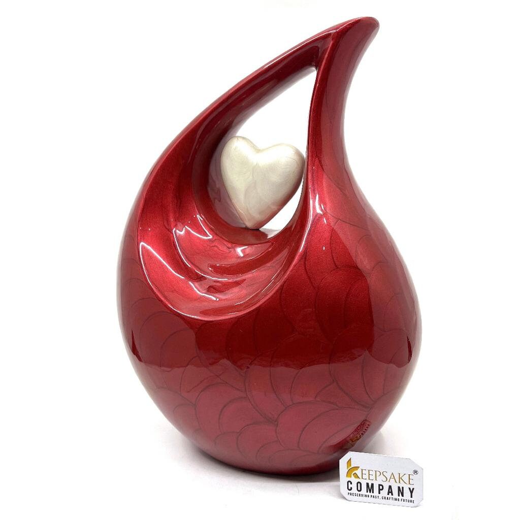 Red Pearl Enamel Adult teardrop Cremation Urn with White heart, Urns for Ashes , Urns for Human Ashes, Ashes Keepsake, Decorative Urns