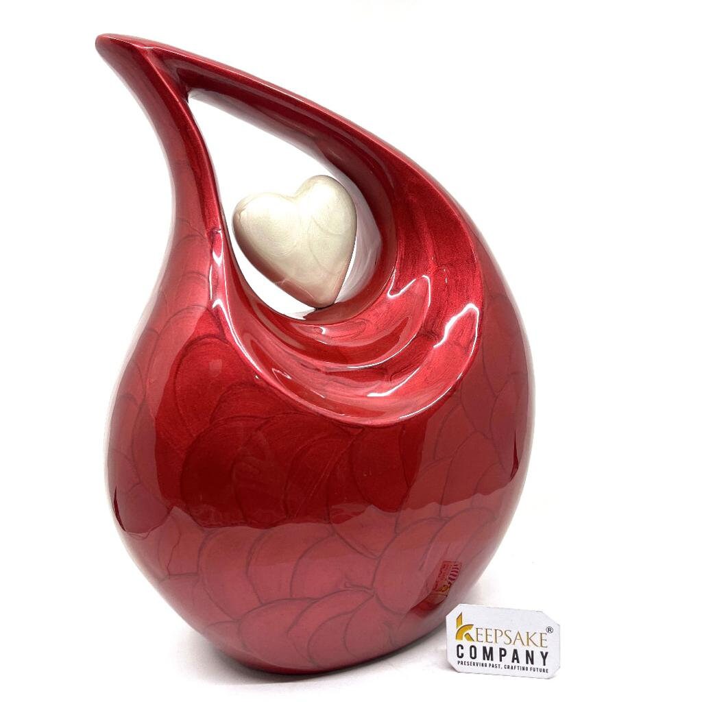 Red Pearl Enamel Adult teardrop Cremation Urn with White heart, Urns for Ashes , Urns for Human Ashes, Ashes Keepsake, Decorative Urns