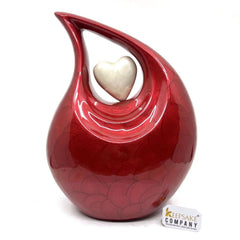 Red Pearl Enamel Adult teardrop Cremation Urn with White heart, Urns for Ashes , Urns for Human Ashes, Ashes Keepsake, Decorative Urns