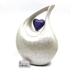 Keepsake Company's White teardrop Pearl Enamel Adult Cremation Urn with Purple Heart For Human Ashes