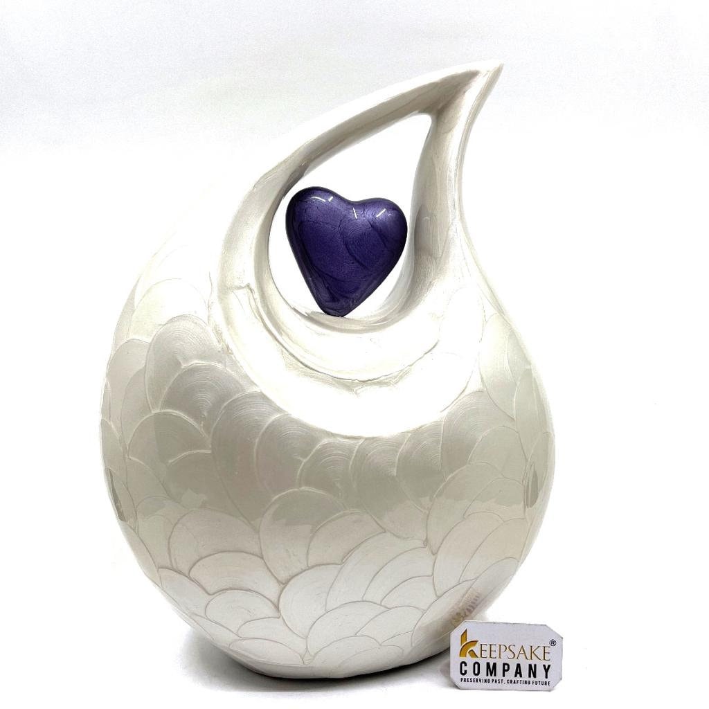 Keepsake Company's White teardrop Pearl Enamel Adult Cremation Urn with Purple Heart For Human Ashes