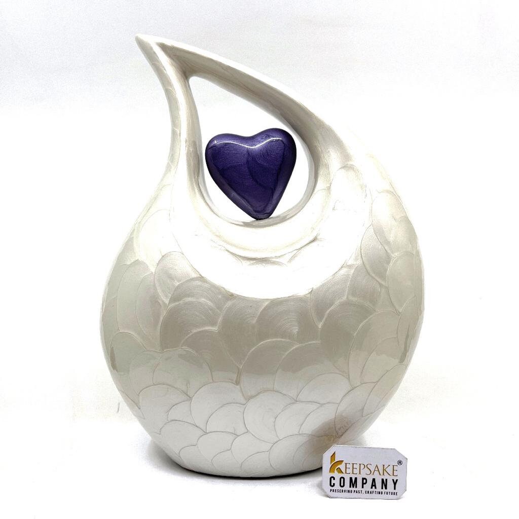 Keepsake Company's White teardrop Pearl Enamel Adult Cremation Urn with Purple Heart For Human Ashes