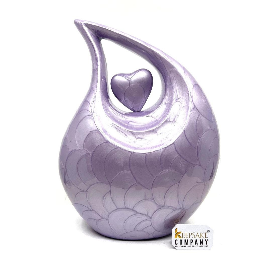 Light Purple Pearl teardrop Enamel Adult Cremation Urn with Purple Heart For Human Ashes from Keepsake Company