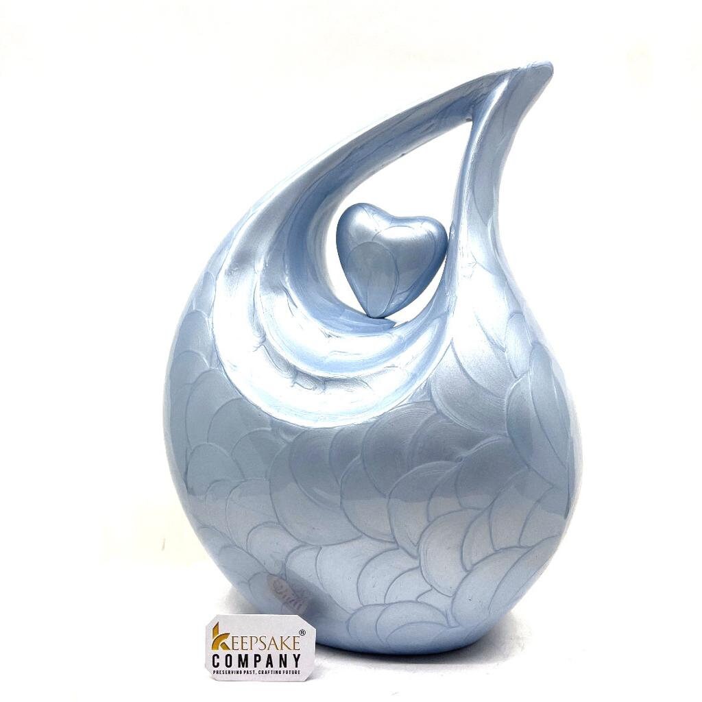 Light Blue Pearl teardrop Cremation Urn with Light Blue Heart For Human Ashes - Memorial Urn - Personalized Urn - Funeral Urn - Ash Urn