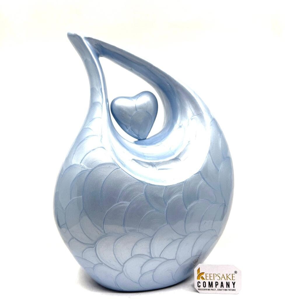 Light Blue Pearl teardrop Cremation Urn with Light Blue Heart For Human Ashes - Memorial Urn - Personalized Urn - Funeral Urn - Ash Urn