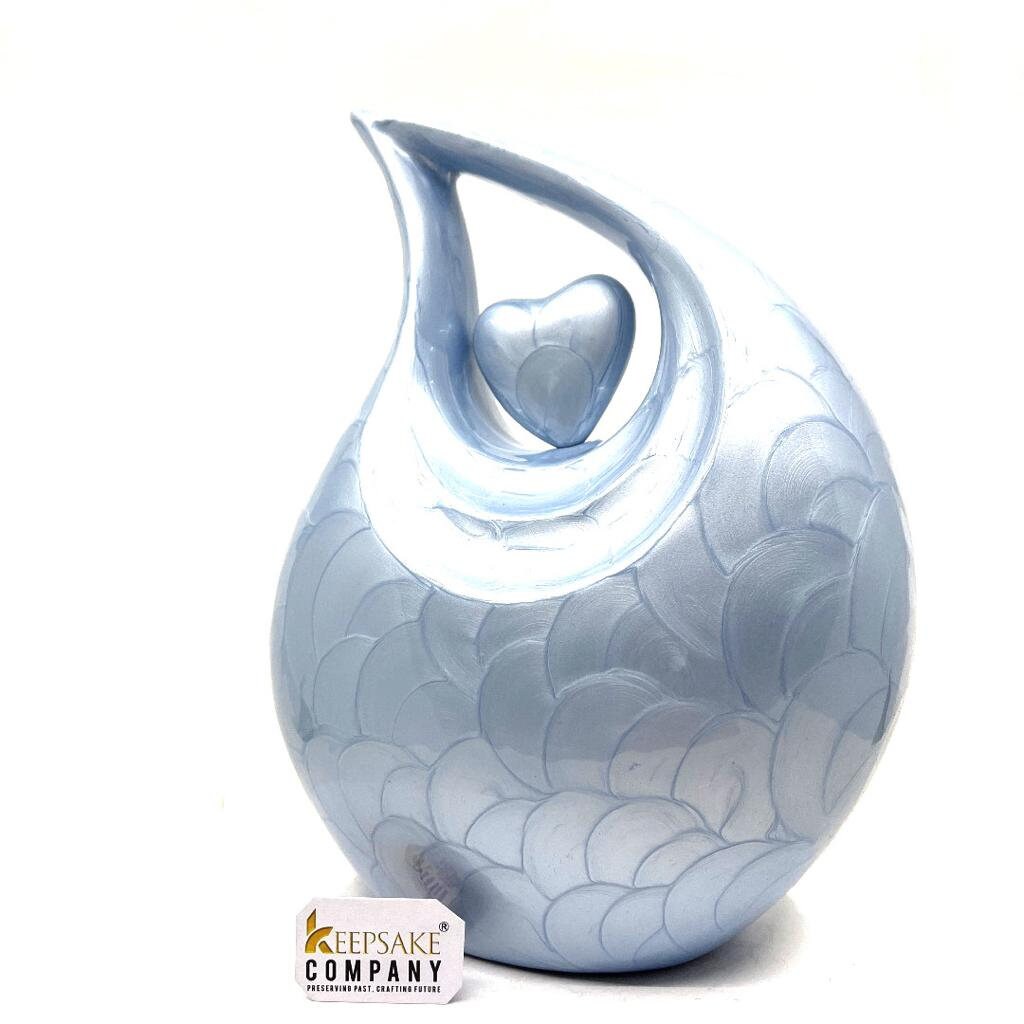 Light Blue Pearl teardrop Cremation Urn with Light Blue Heart For Human Ashes - Memorial Urn - Personalized Urn - Funeral Urn - Ash Urn