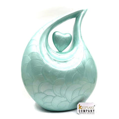 Keepsake Company's Light Green Pearl teardrop Enamel Adult Cremation Urn with light green heart For Human Ashes