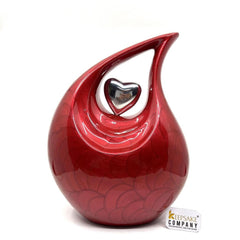 Red Pearl Enamel Adult teardrop Cremation Urn with Silver shining heart For Human Ashes