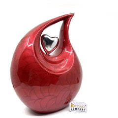 Red Pearl Enamel Adult teardrop Cremation Urn with Silver shining heart For Human Ashes