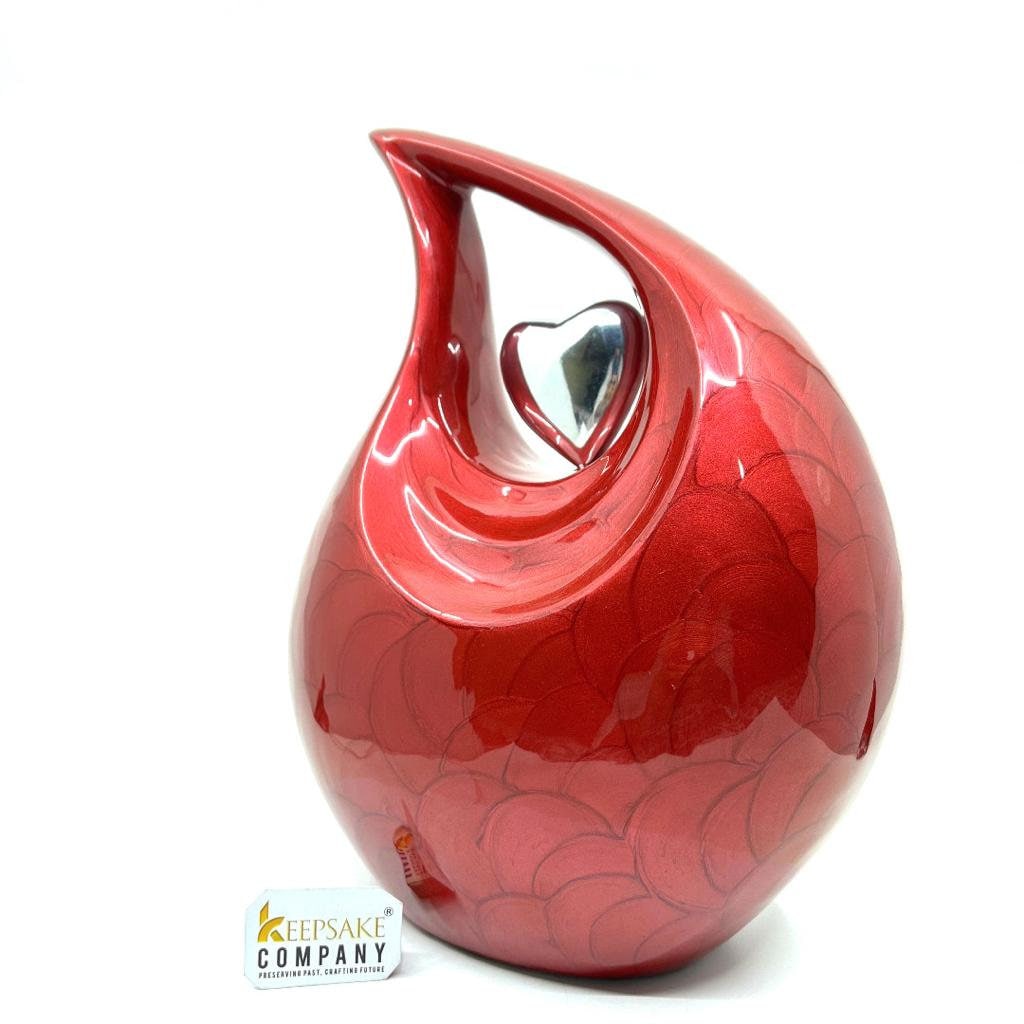 Red Pearl Enamel Adult teardrop Cremation Urn with Silver shining heart For Human Ashes