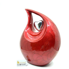 Red Pearl Enamel Adult teardrop Cremation Urn with Silver shining heart For Human Ashes