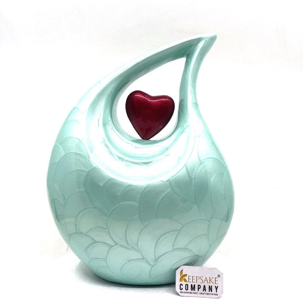 Keepsake Company's Light Green Pearl teardrop Enamel Adult Cremation Urn with Red heart For Human Ashes