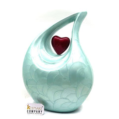 Keepsake Company's Light Green Pearl teardrop Enamel Adult Cremation Urn with Red heart For Human Ashes