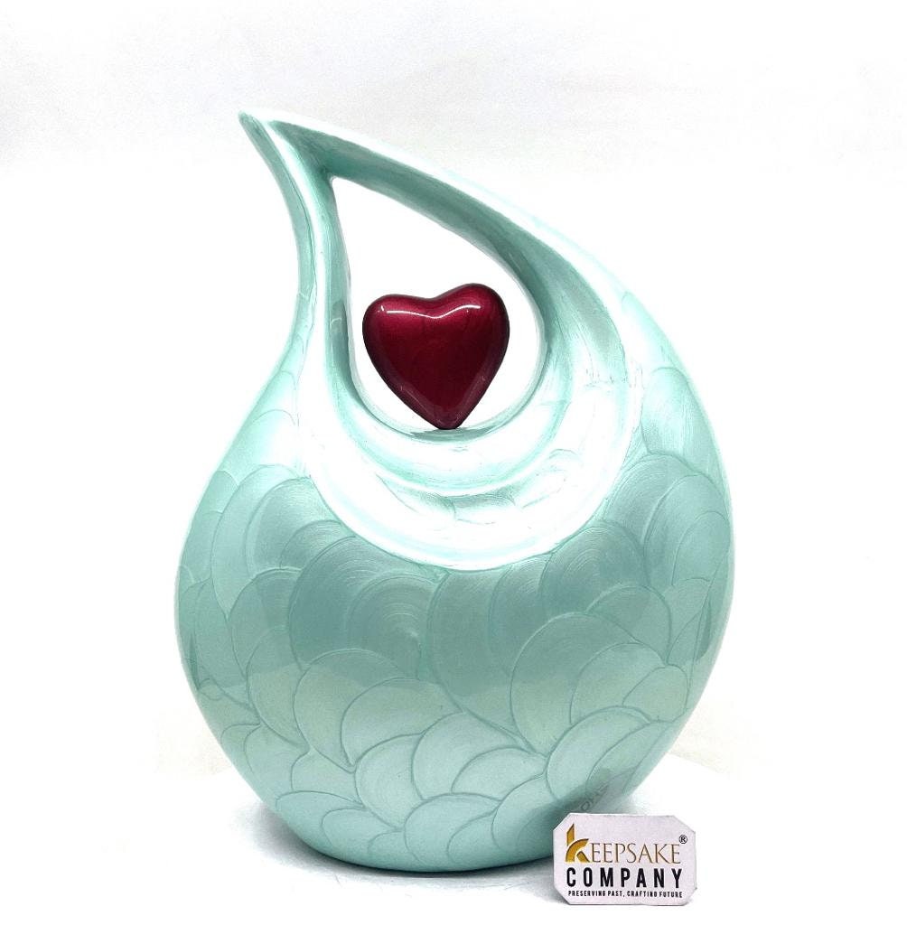 Keepsake Company's Light Green Pearl teardrop Enamel Adult Cremation Urn with Red heart For Human Ashes